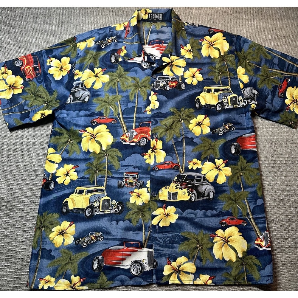 Ferugini Hawaiian Surf Shirt Mens‎ XL Geometric Floral Aloha Tropical Button Up